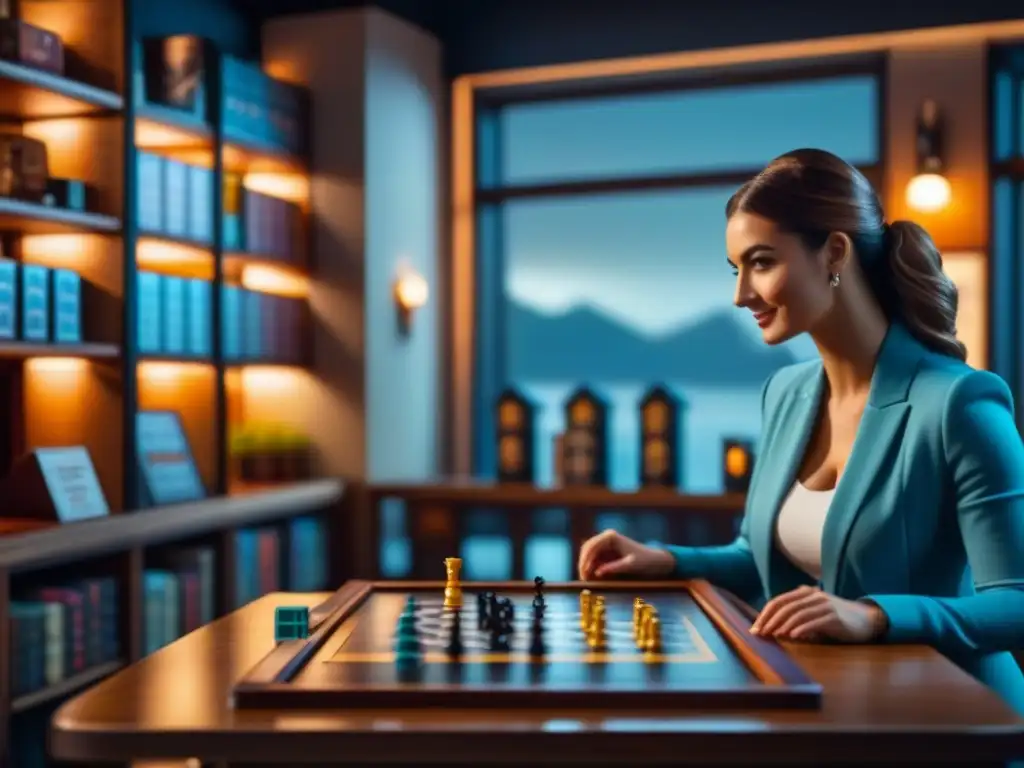 Joven pareja disfrutando de juegos de mesa en bar acogedor, rodeados de estanterías repletas de opciones, iluminación cálida y ambiente acogedor