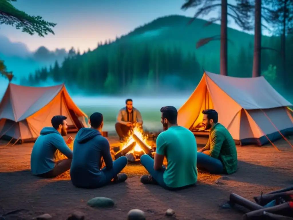 Jóvenes campistas preparando juegos de mesa alrededor de la fogata en el bosque al anochecer