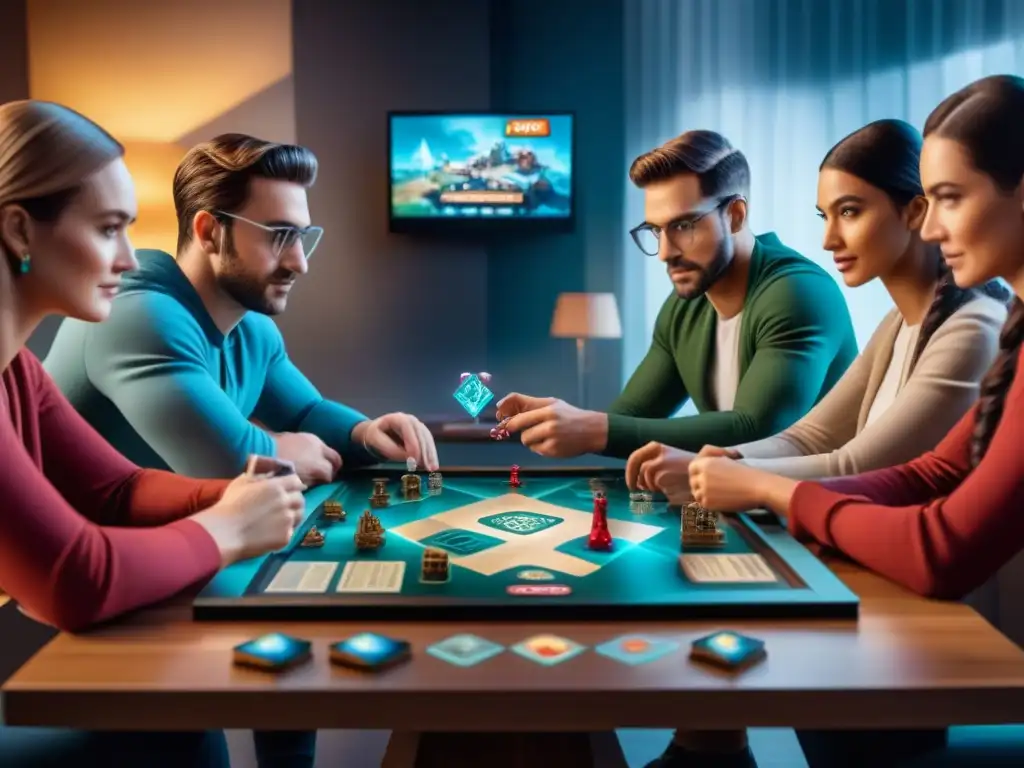 Jóvenes juegan con entusiasmo un juego de mesa con elementos de realidad aumentada, mejorando estrategias y diversión futurista