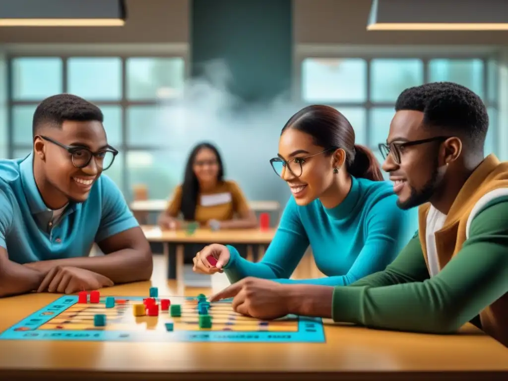 Jóvenes estudiantes en emocionante juego de mesa en clase de secundaria