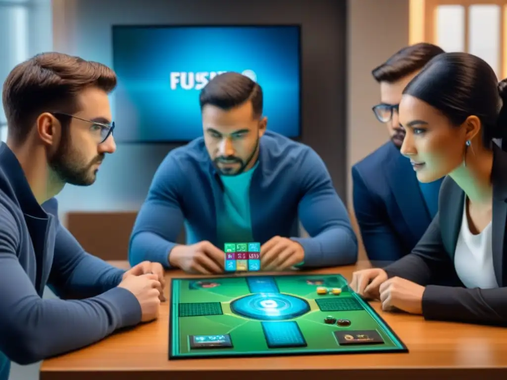 Jóvenes estudiantes disfrutan de un juego de mesa con tecnología AR, fusionando lo clásico con lo innovador en su emocionante partida