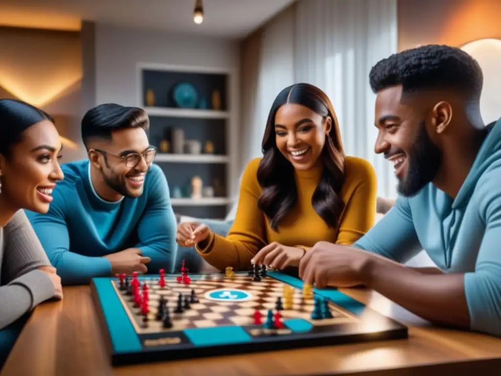 Jóvenes disfrutan del éxito en juego de mesa móvil con estrategias en acogedor salón