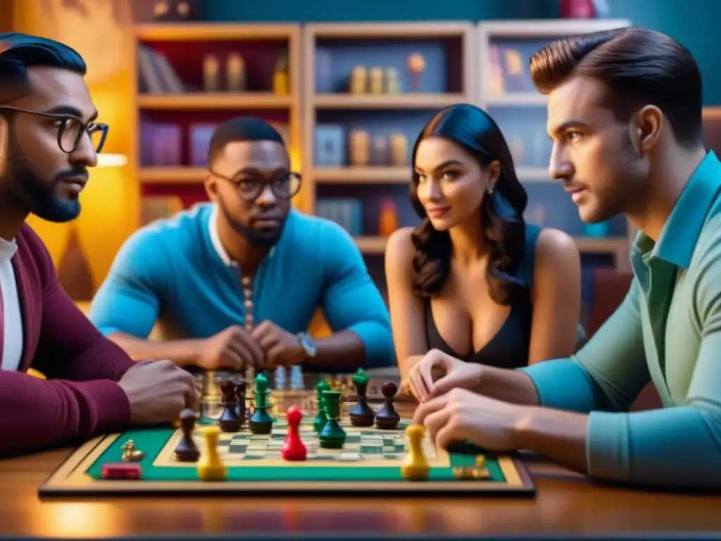 Intensa partida de juegos de mesa: estrategia y diversión Jóvenes inmersos en un intenso juego de mesa, rodeados de piezas coloridas y estratégicas