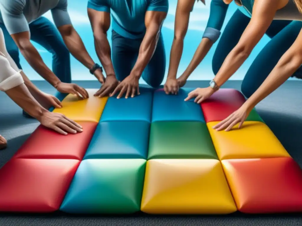 Jóvenes riendo y retorciéndose en un mat de Twister colorido, reflejando la historia del juego de Twister con diversión y camaradería