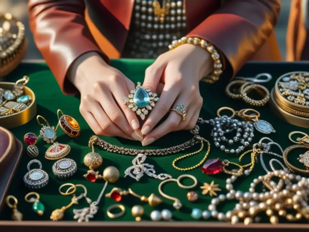 Explorando joyas raras en mercado de segunda mano con cuidado y emoción, bajo el sol brillante