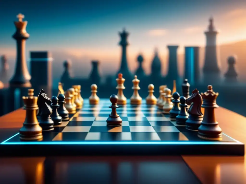 Juego de ajedrez futurista: estrategias hipermodernas en la ciudad digital Un juego de ajedrez futurista con piezas holográficas y una ciudad tecnológica de fondo, mostrando estrategias ajedrez hipermoderno efectivas