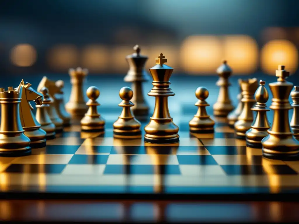 Partida de ajedrez futurista: estrategias avanzadas en alta definición Un juego de ajedrez hipermoderno con piezas futuristas de plata y oro