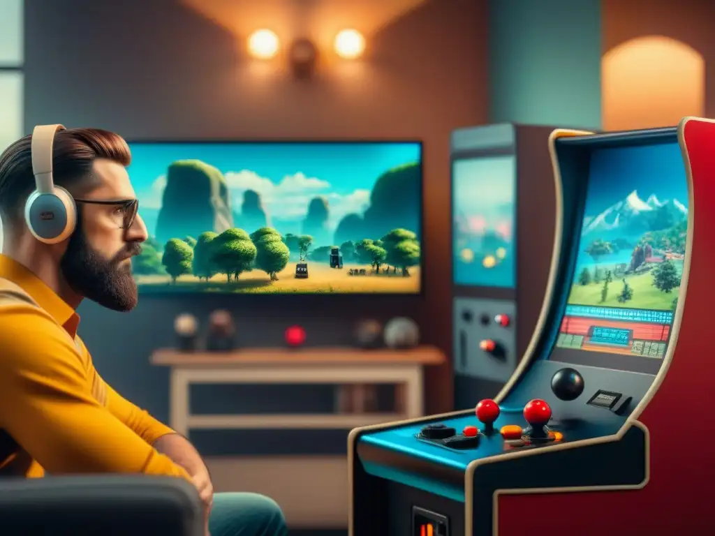 Comparación entre un juego arcade clásico y su adaptación moderna, mostrando la evolución de la tecnología de los videojuegos