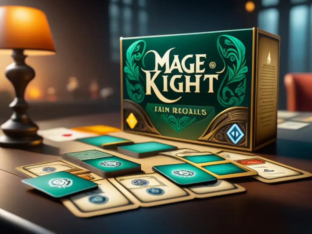 Juego de Mage Knight versión cartas: mesa con cartas detalladas en complejo patrón, jugadores absortos en estrategia bajo intensa luz de lámpara