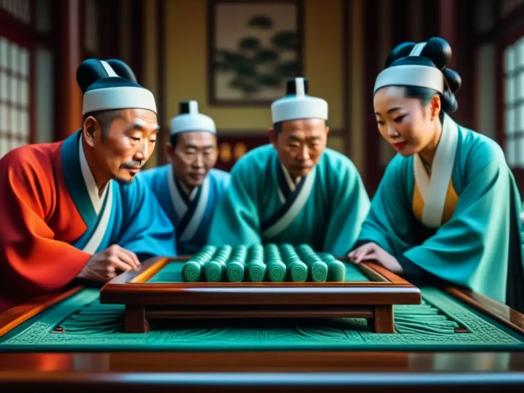 Un juego de Mahjong en la dinastía Qing: estudiosos chinos concentrados en una mesa tallada, detallando la historia del Mahjong desde Qing