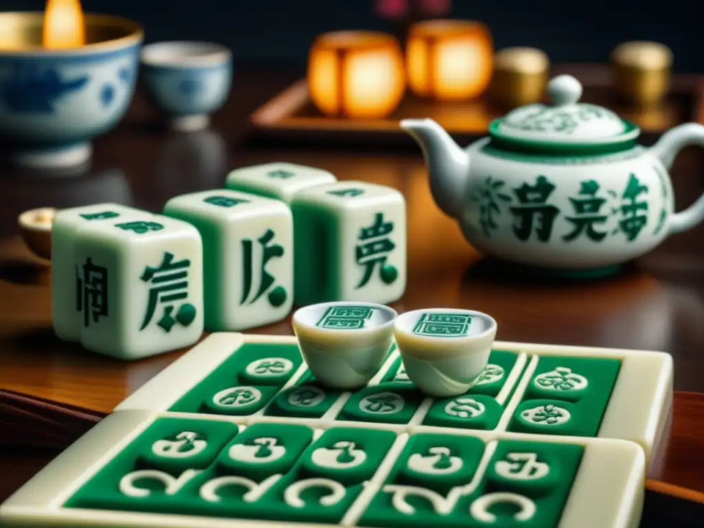 Un juego de fichas de Mahjong talladas en marfil, sobre mesa de madera con tazas de té y mantel de seda, resaltando el origen y simbolismo del Mahjong