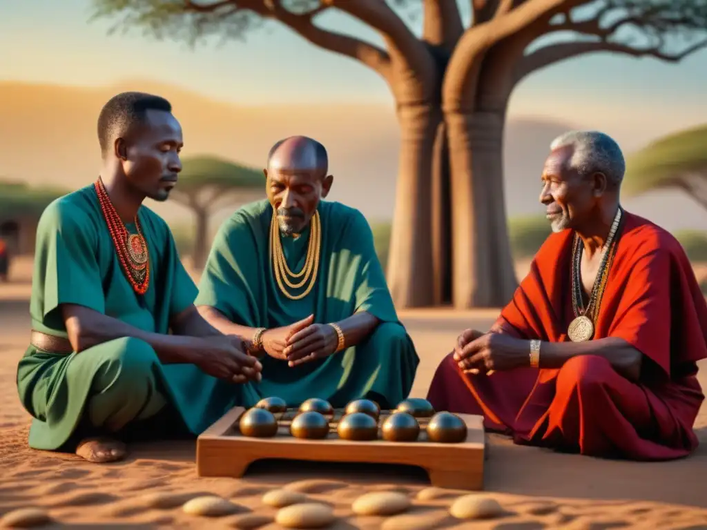 Un juego de Mancala en África: ancianos concentrados bajo un baobab en una aldea vibrante al atardecer