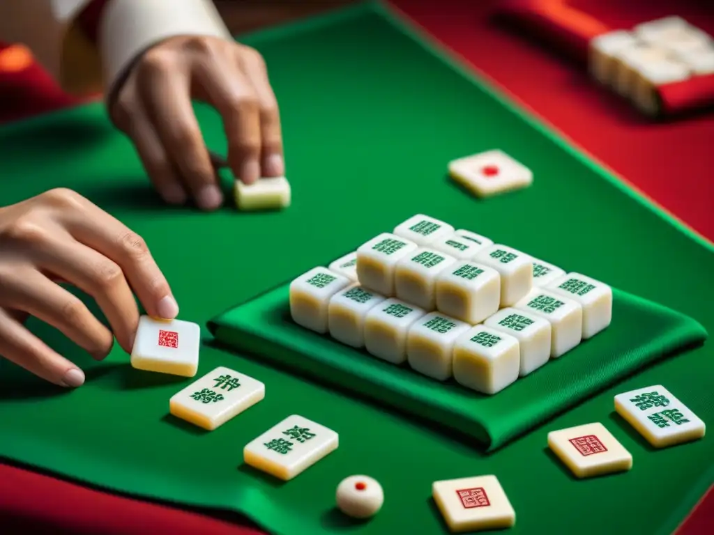 Exquisito set de Mahjong de marfil: belleza y tradición china Un juego de Mahjong de marfil tallado a mano sobre un mantel de seda chino, destacando la artesanía detallada y la Historia del Mahjong en cultura