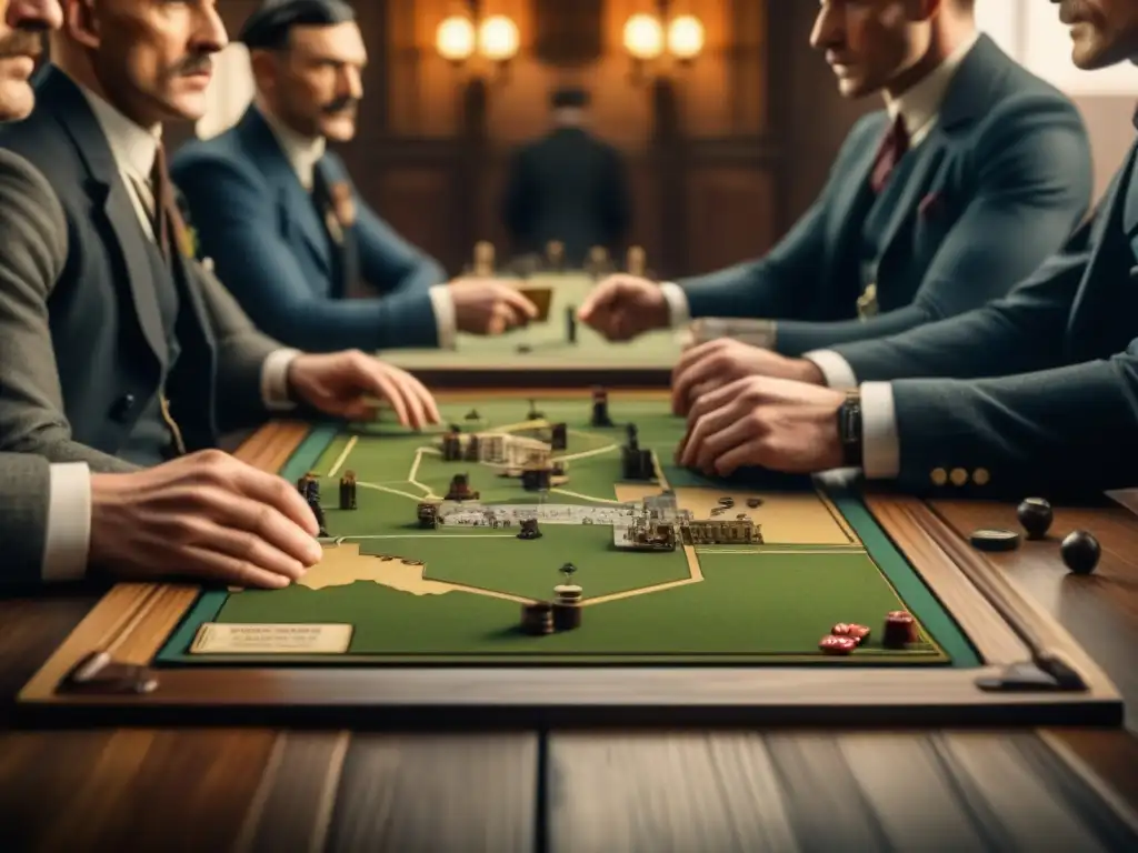 Juego de mesa ambientado en Peaky Blinders: estrategias y alianzas en una mesa de madera vintage iluminada tenue