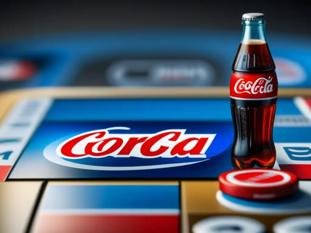 Juego de mesa de bebidas con CocaCola y Pepsi compitiendo en una batalla estratégica por la 'Dominación del Mercado'