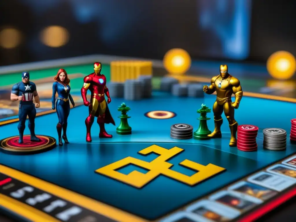 Un juego de mesa Marvel detallado con personajes, cartas y piezas estratégicamente colocadas en una mesa