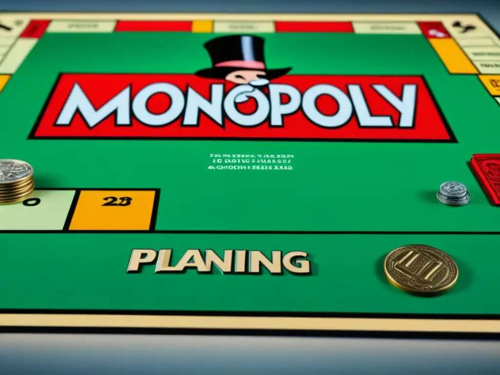 Un juego de mesa Monopoly vintage detallado, con propiedades coloridas, dinero ordenado y fichas de jugador