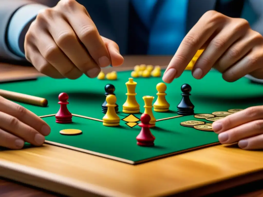Un juego de mesa detallado en una tabla de madera, con piezas vibrantes y diseño intrincado