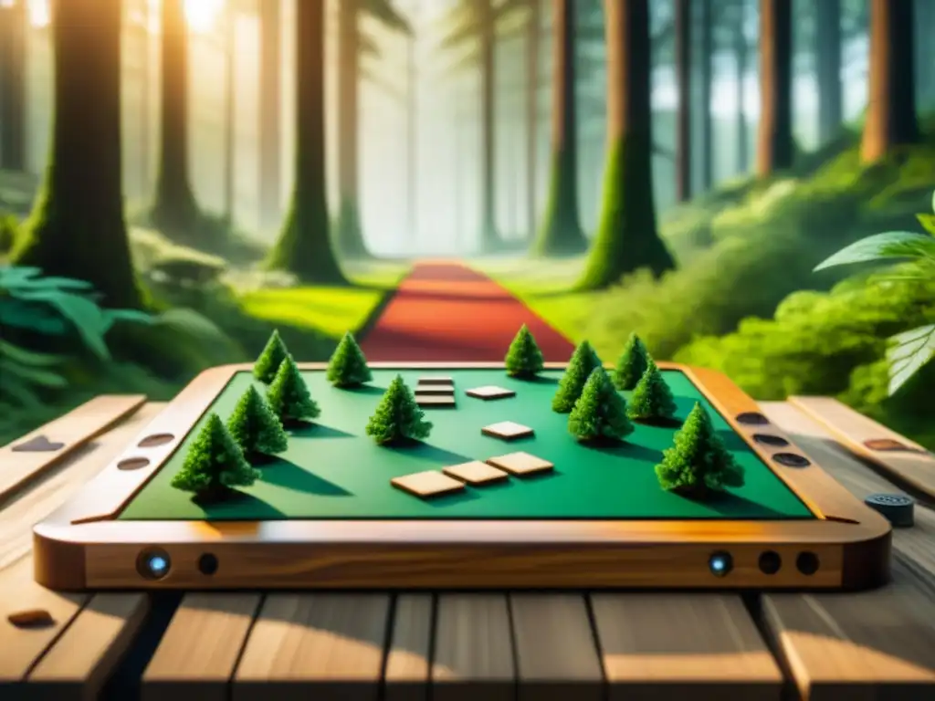 Un juego de mesa ecológico se desarrolla en un bosque verde y exuberante, con materiales sostenibles y jugadores inmersos en la partida