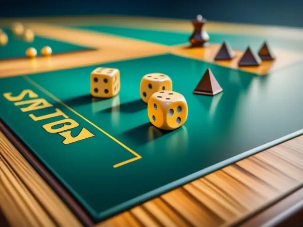 Un juego de mesa elegante con piezas de madera, tablero brillante y dados metálicos, en luz natural