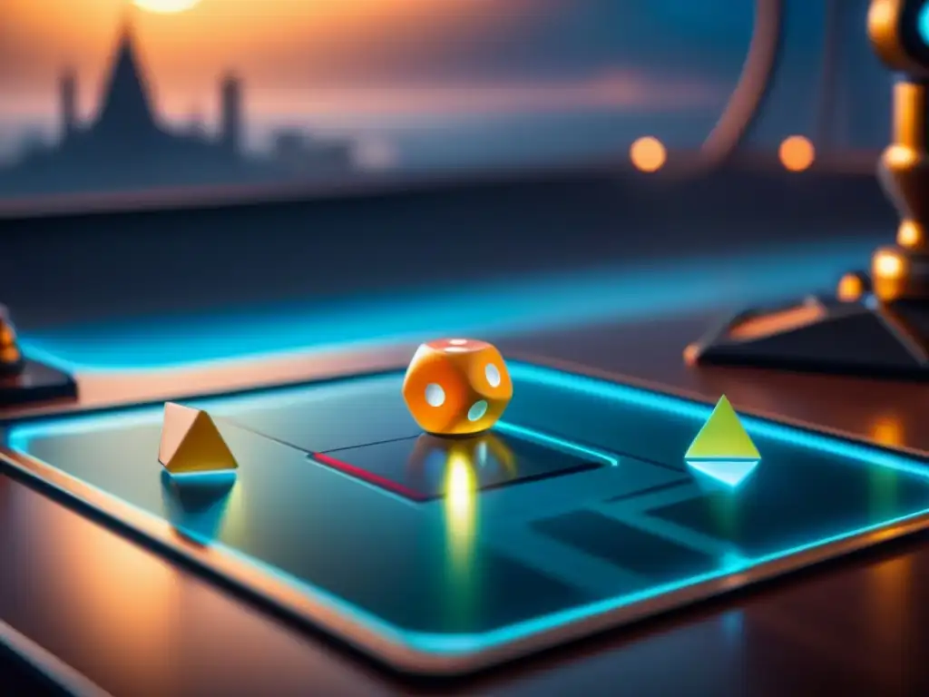 Un juego de mesa futurista con elementos holográficos y jugadores concentrados