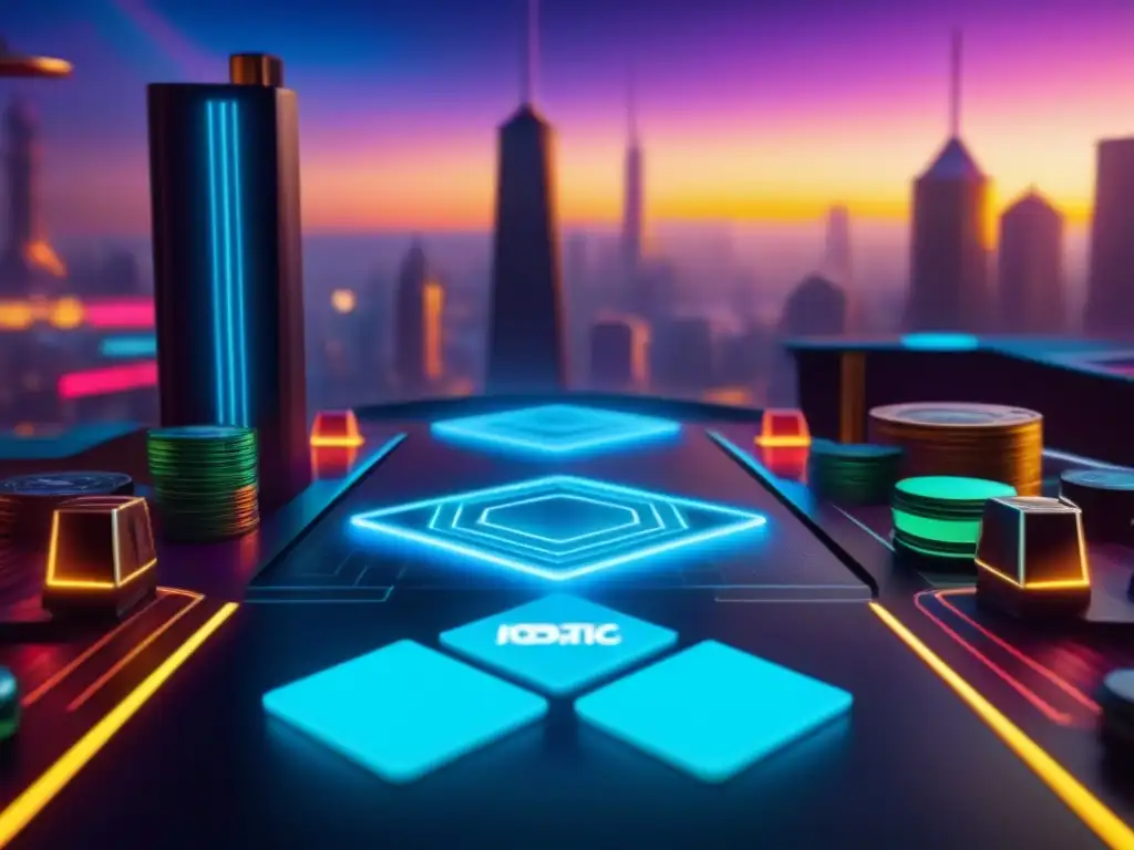 Juego de mesa futurista con piezas holográficas y tecnología Blockchain Un juego de mesa futurista con tecnología Blockchain, jugadores estratégicos y tokens digitales, fusionando innovación y diversión