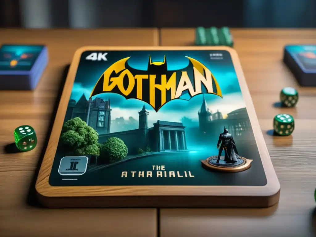 Reseña juego de mesa Batman Gotham: Detalles del juego Gotham City Chronicles en una mesa de madera elegante