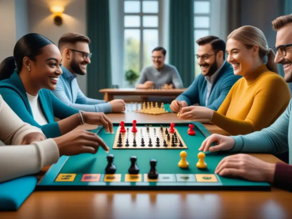 Un juego de mesa inclusivo para personas con discapacidad, con diversidad de jugadores sonrientes en una habitación acogedora llena de juegos de mesa