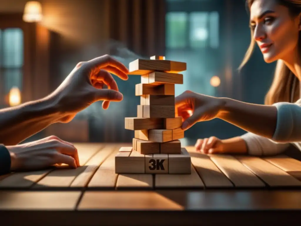 Reseña Jenga juego de mesa: Jugadores concentrados retirando bloques de madera en ambiente acogedor de noche de juegos