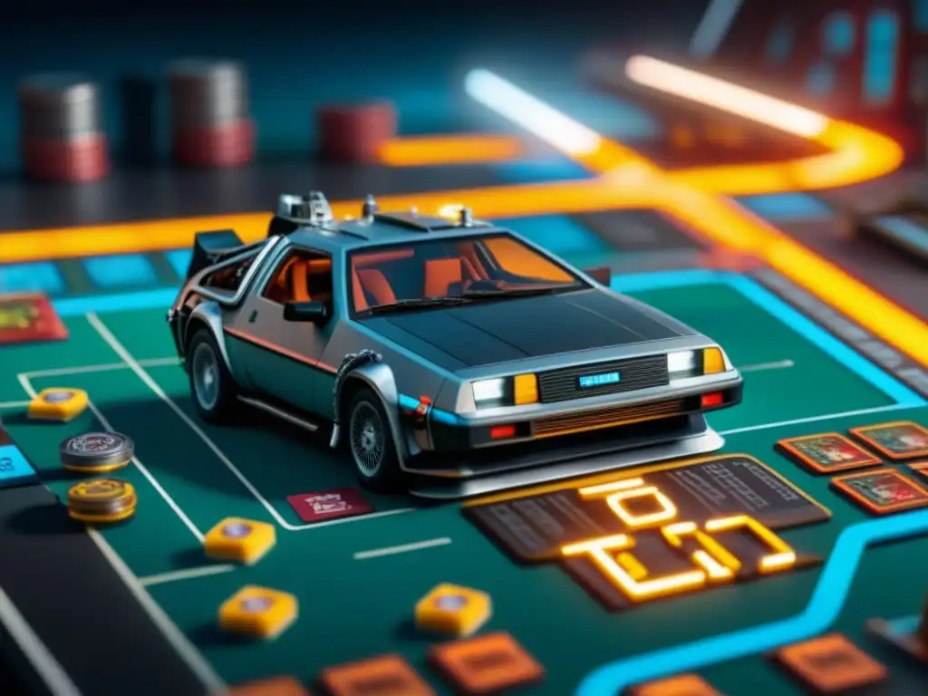 Inmersión en el juego de mesa 'Back to the Future': jugadores estratégicos rodean el tablero detallado y colorido