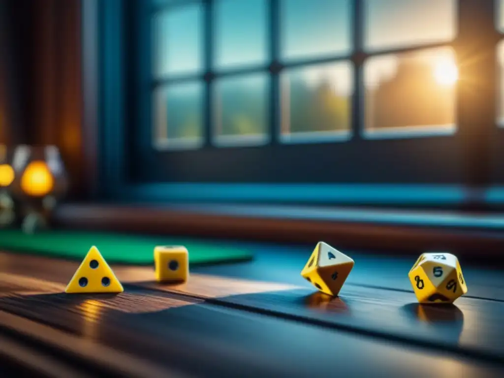 Un juego de mesa premiado: meeples, dados, figuritas y cartas detalladas en una mesa de madera iluminada por la luz natural