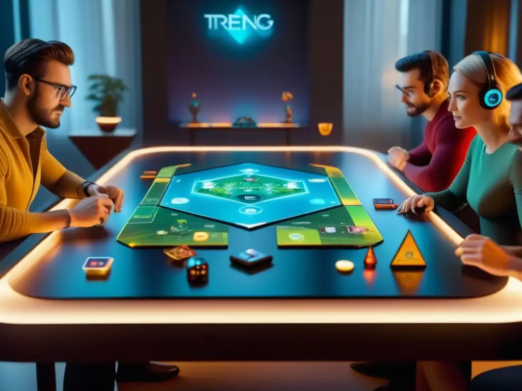 Juego de mesa con realidad aumentada: jugadores emocionados interactúan con hologramas en un ambiente futurista y tecnológico