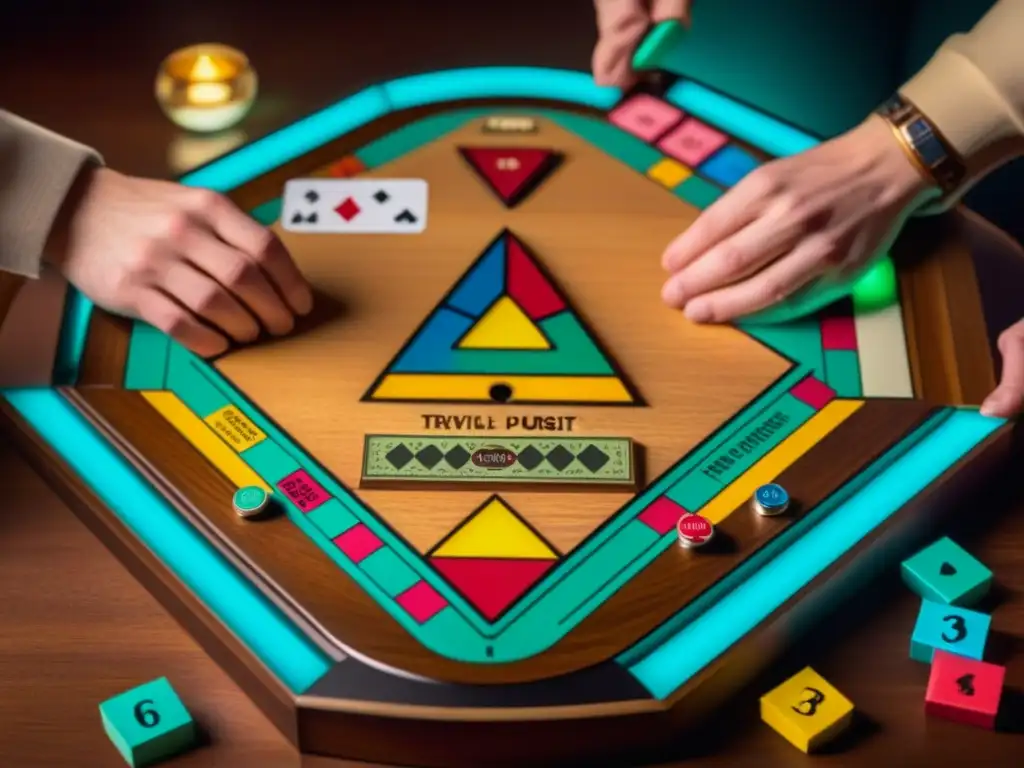 Juego de mesa Trivial Pursuit en una mesa de madera vintage iluminada por una luz cálida, evocando la historia y creación del Trivial Pursuit