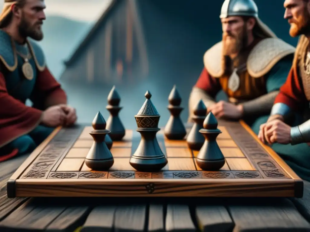 Juego de mesa vikingo Hnefatafl con figuras y símbolos nórdicos en una casa vikinga iluminada por antorchas