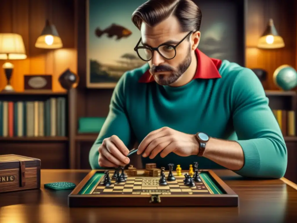 Exploración detallada de juego vintage en ambiente acogedor Explorando un juego de mesa vintage de los años 60 en una atmósfera nostálgica