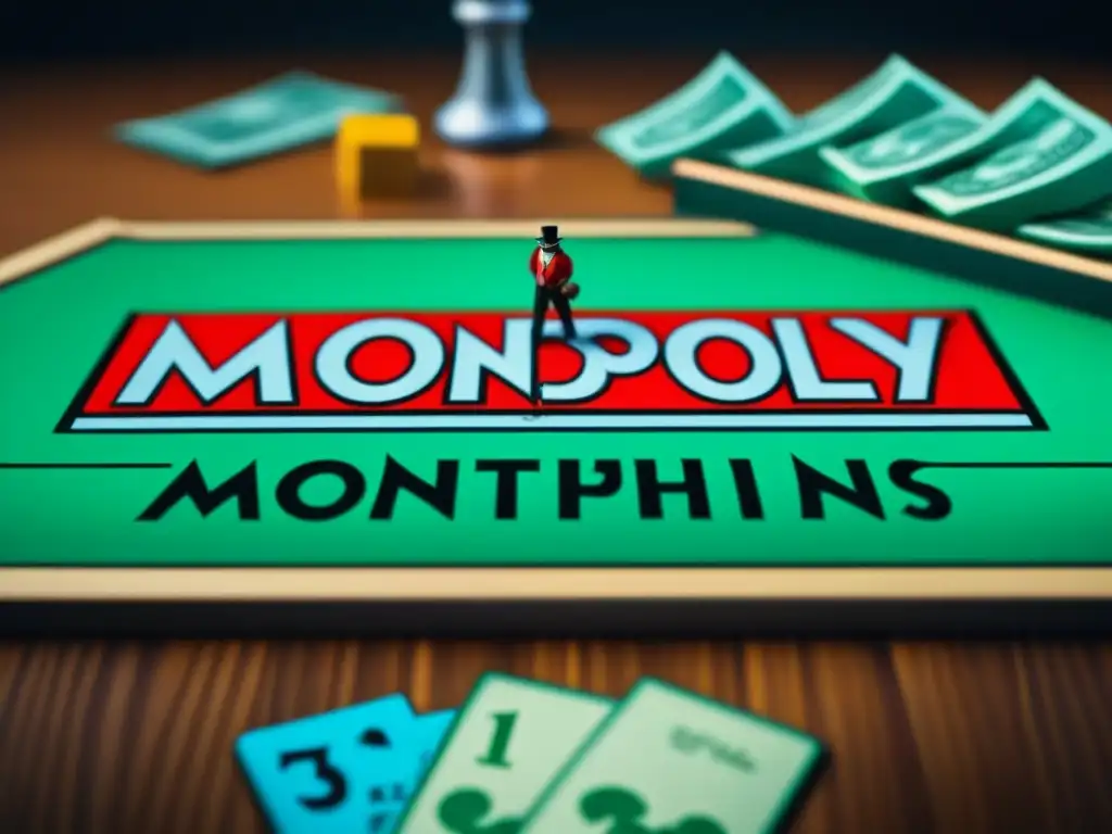 Un juego de Monopoly vintage, con piezas antiguas y dinero colorido en una mesa de madera, evocando la historia del juego Monopolio