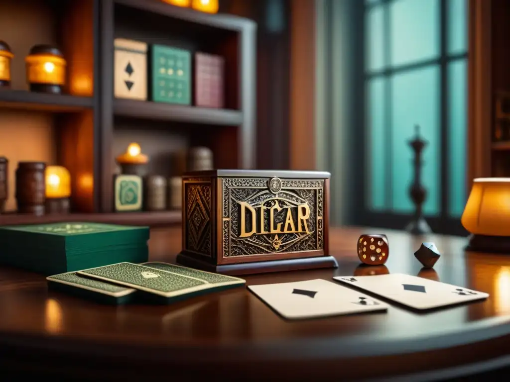 Transforma juegos clásicos con accesorios DIY: una torre de dados de madera detallada rodeada de cartas y dados metálicos en una mesa de caoba vintage