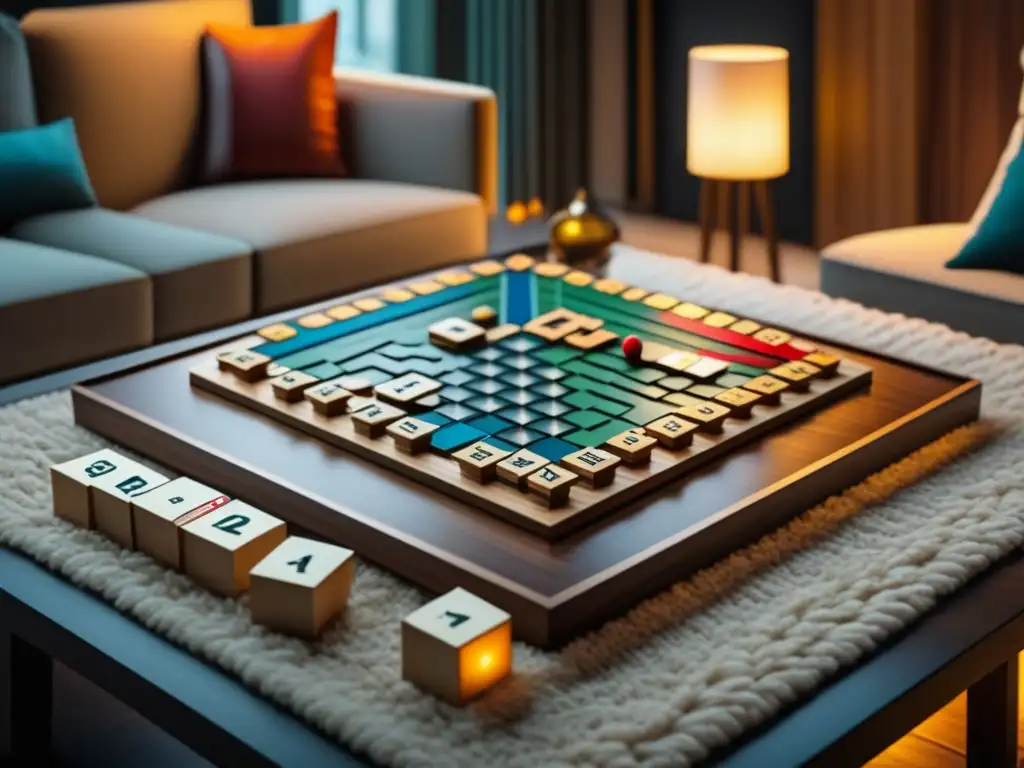 Transformar juegos clásicos accesorios DIY: Detalle de tablero de Scrabble personalizado en acogedor salón con juegos de mesa vintage al fondo