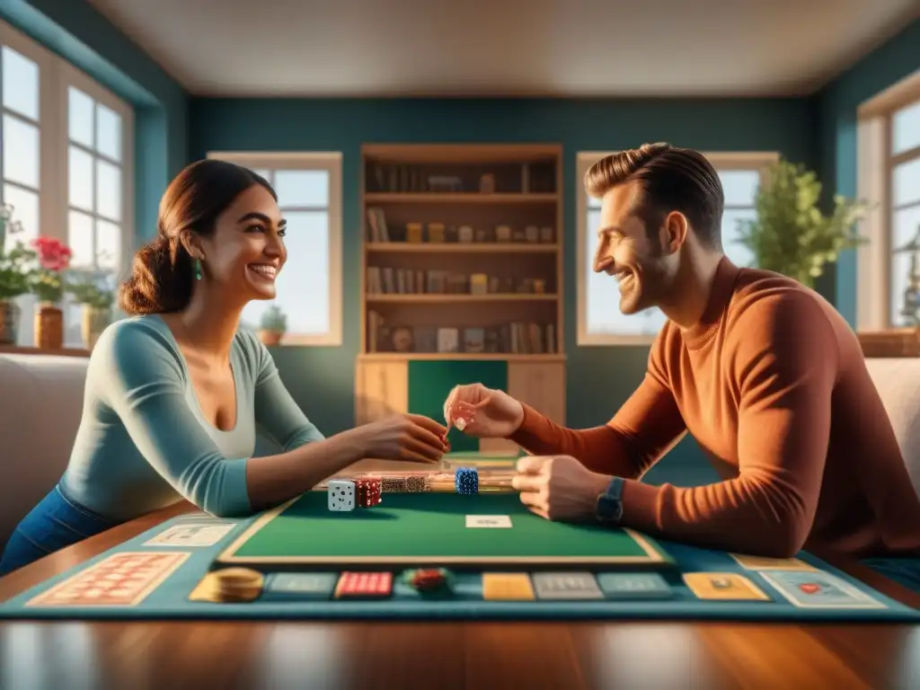 Juegos cooperativos para parejas: Pareja feliz jugando en sala llena de juegos de mesa, cartas y amor