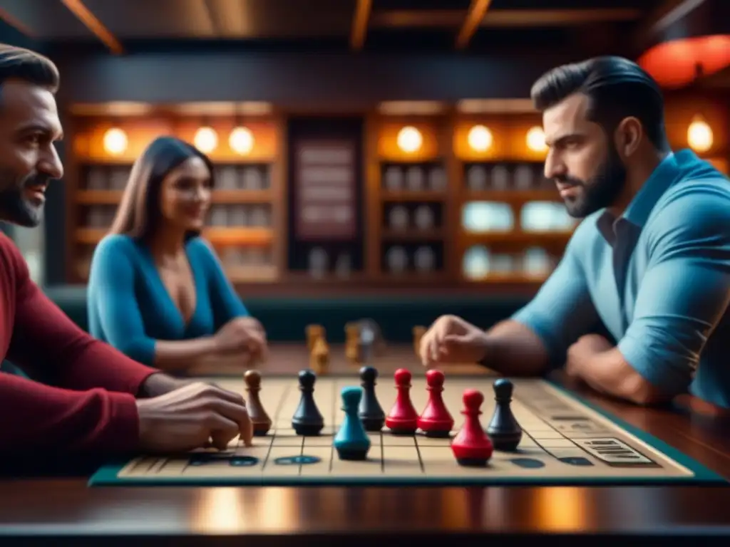 Juegos de mesa para adultos: Grupo disfruta de un juego estratégico en un bar trendy, con ambiente acogedor y divertido