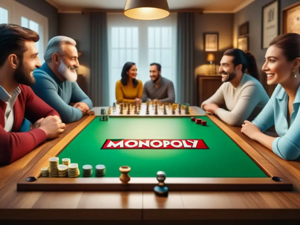 Revivir juegos de mesa clásicos: Grupo diverso jugando Monopoly con alegría y concentración en acogedora sala llena de juegos