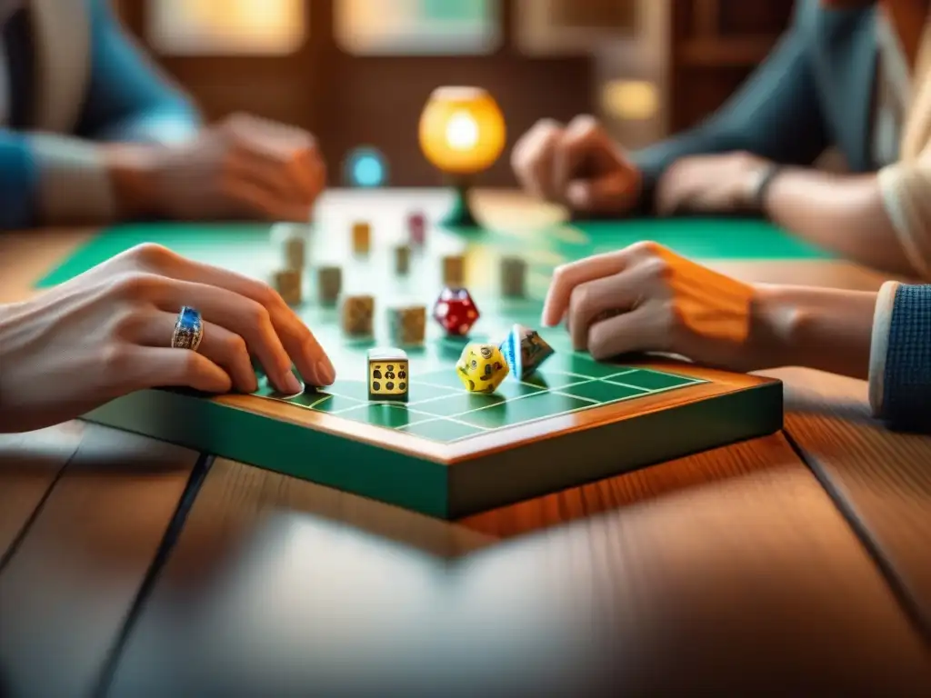 Revivir juegos de mesa clásicos: Personas diversas disfrutan de juegos con intensidad alrededor de una mesa de madera bellamente decorada