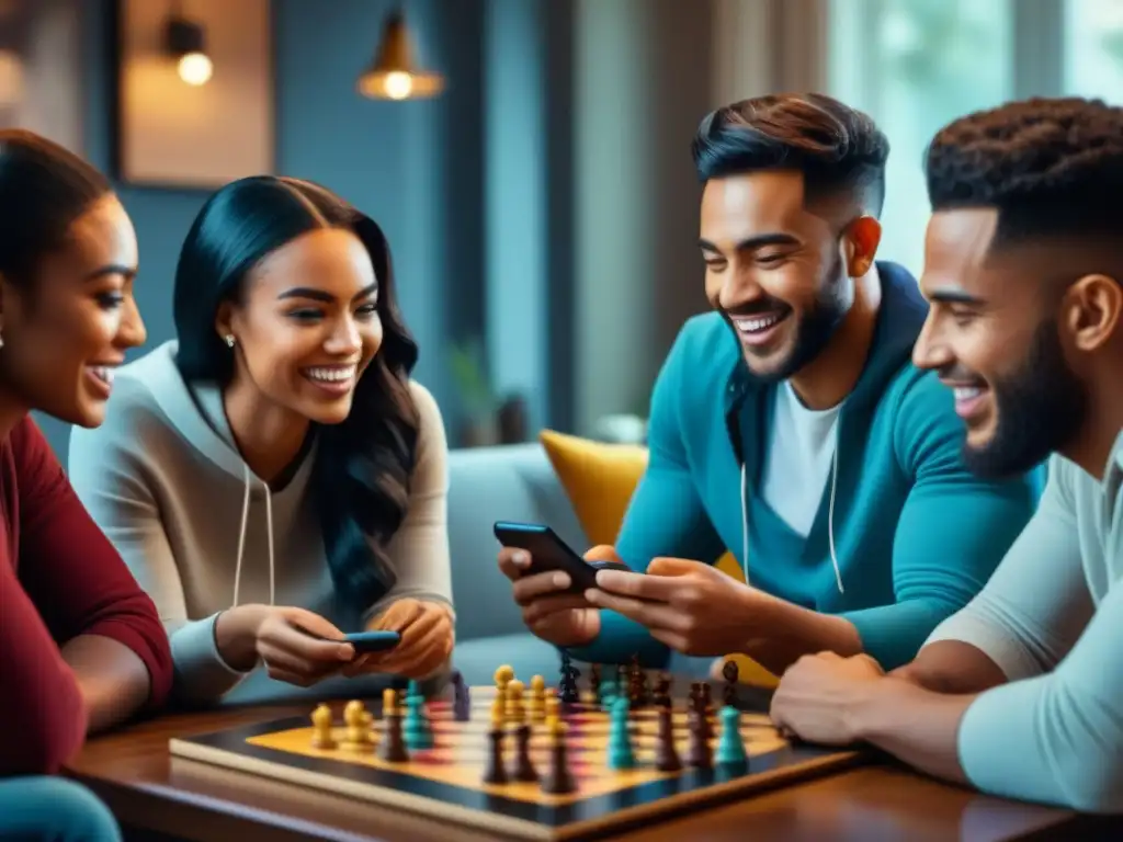 Juegos de mesa móviles conexión social: Jóvenes disfrutan de un juego en sala acogedora, entre risas y complicidad