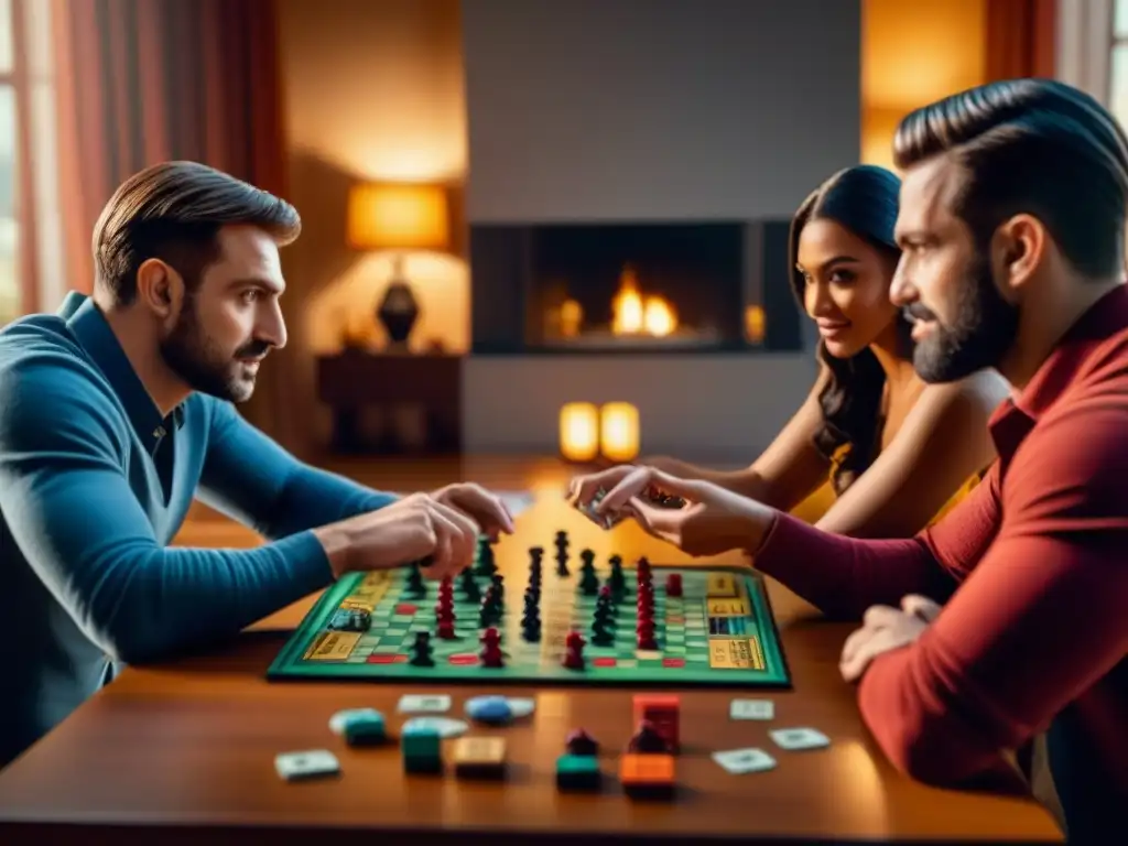 Juegos de mesa: personalidad revelada en un acogedor salón donde un diverso grupo interactúa estratégicamente