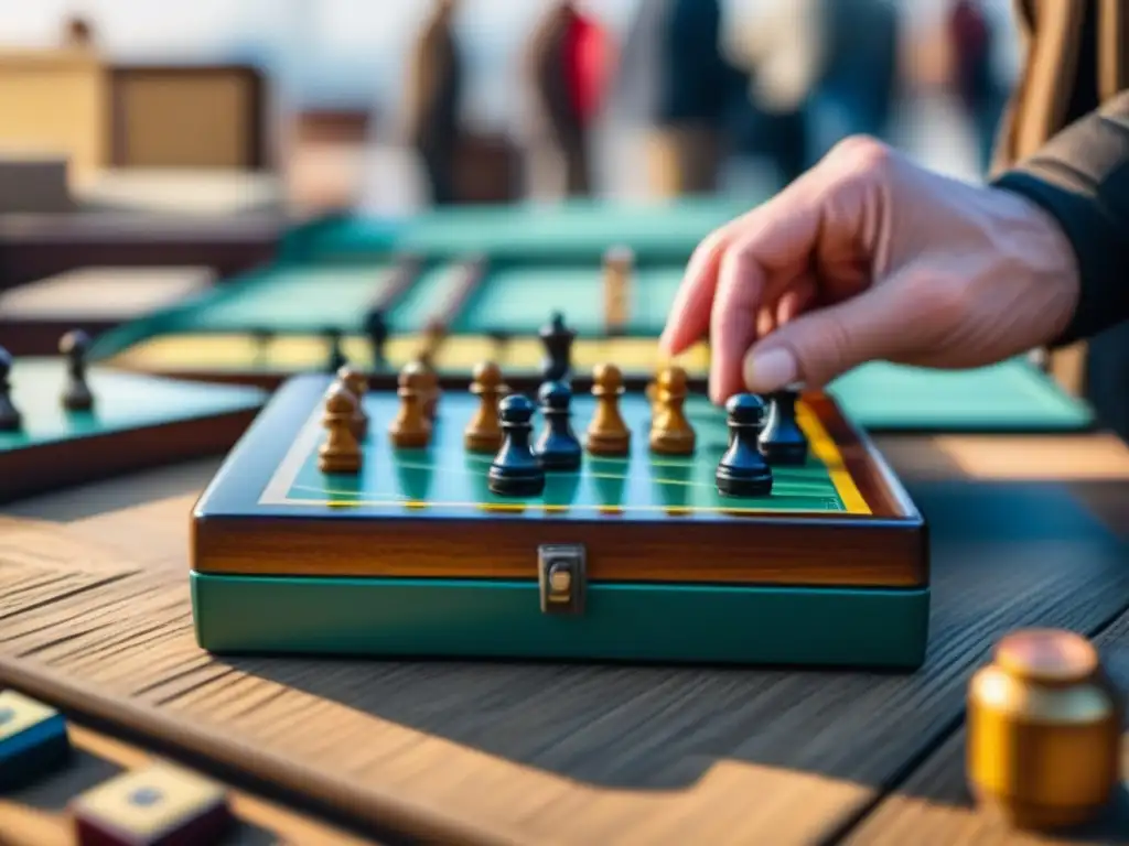 Explorando juegos de mesa usados en el mercado de pulgas, detallando piezas y caja vintage