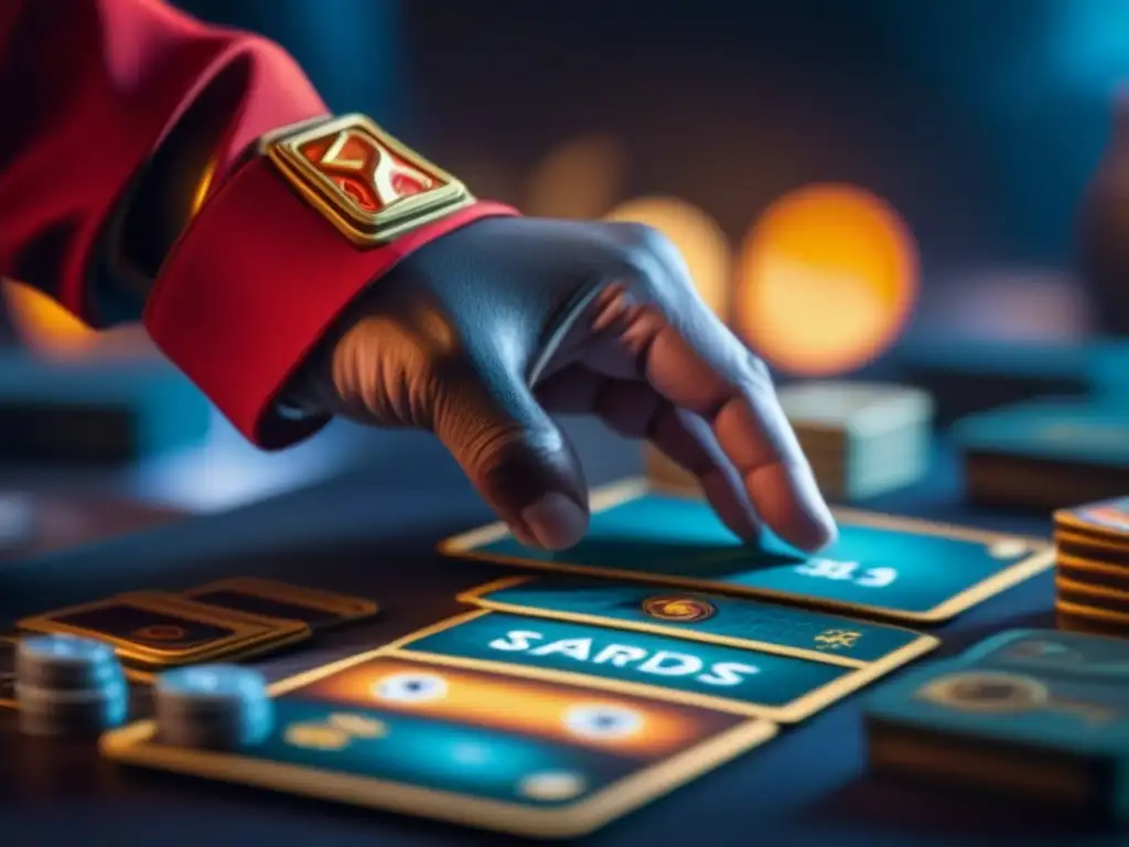 Un jugador baraja cartas de KeyForge con expresión determinada, destacando diseños únicos