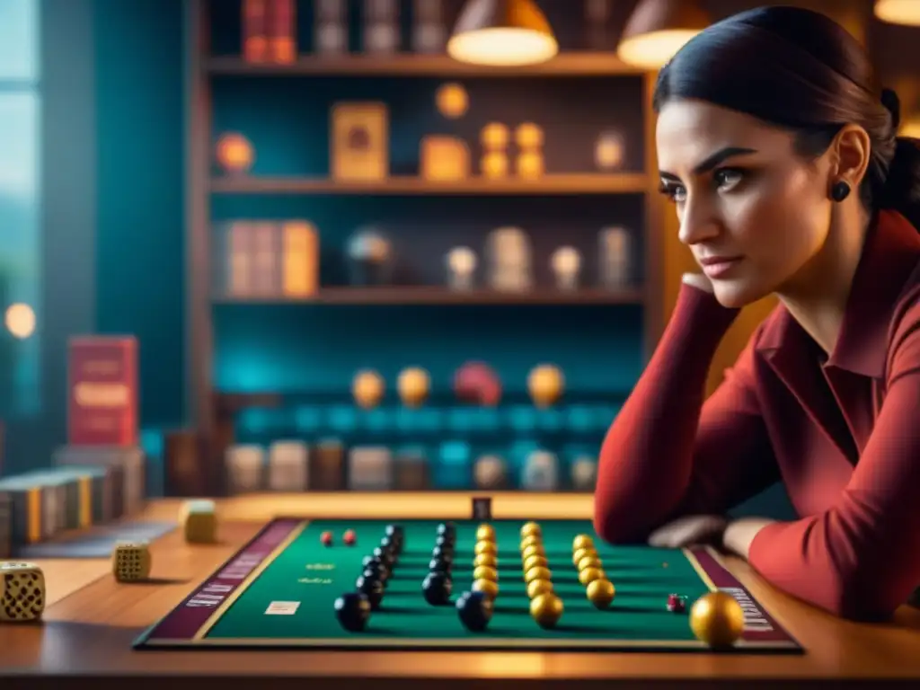 Un jugador concentrado en un juego de mesa, rodeado de piezas, cartas y dados, con determinación y estrategia