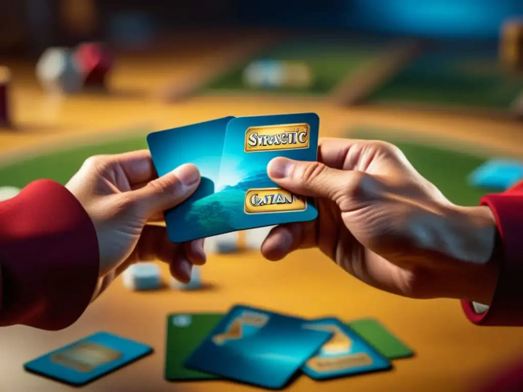 Un jugador concentrado sostiene una mano estratégica de cartas en Catan juego cartas, listo para dominar