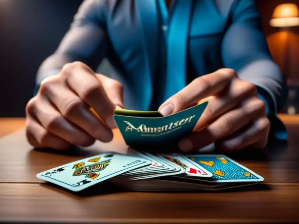 Jugador de Boss Monster en plena estrategia Un jugador de Boss Monster maniobrando con destreza cartas en una mesa de madera, demostrando estrategias avanzadas Boss Monster