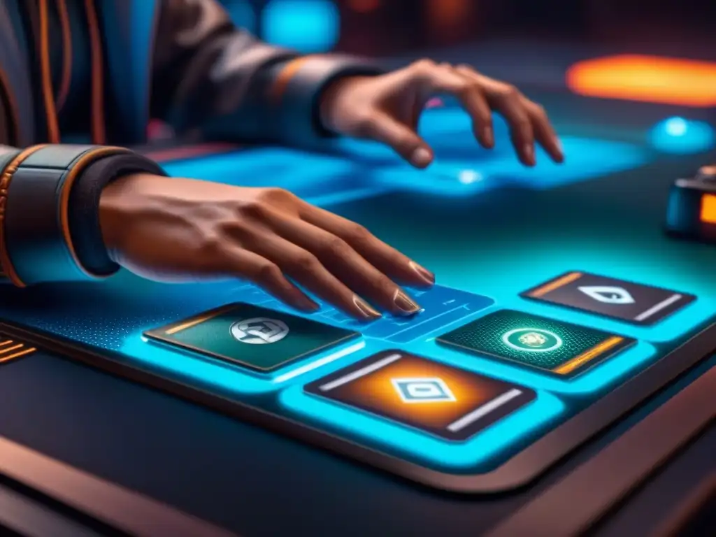 Un jugador experto en Android: Netrunner organiza cartas futuristas con símbolos intrincados en un ambiente cyberpunk